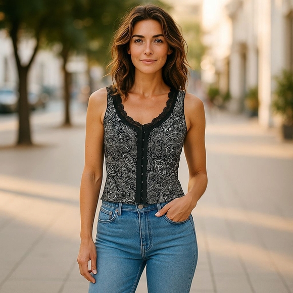 Source Unknown Tops - Black and White Paisley Lace Corsette style Tank Top